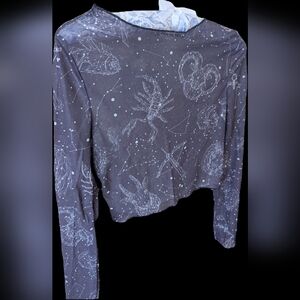 ROMWE Black Long Sleeve Mesh Top with Constellation Print